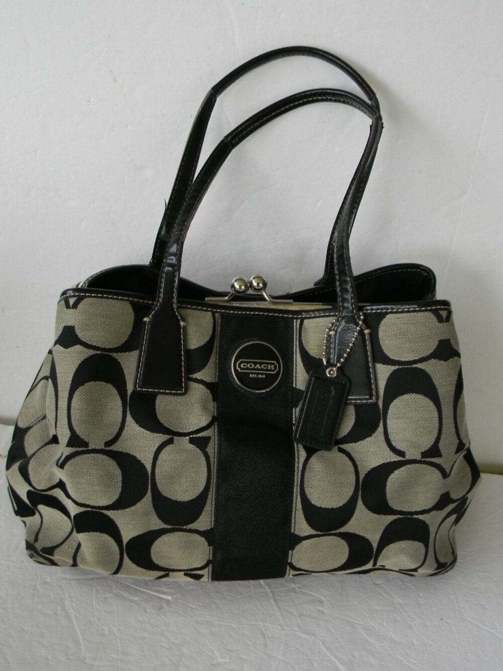 Coach Black Signature Canvas Framed Satchel Shoulder Bag Kiss Lock F17424